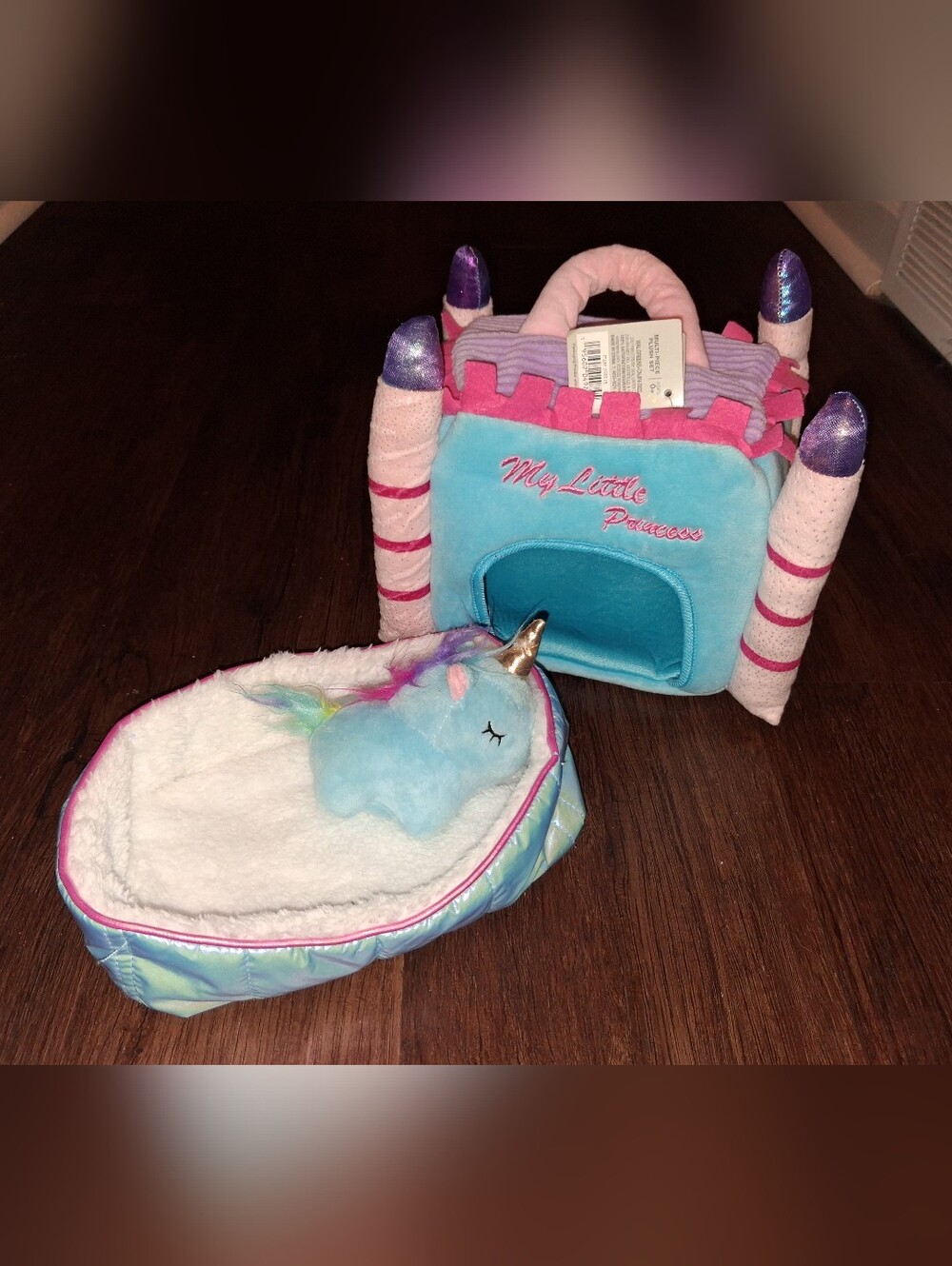 My Little Princess Plush Castle & Unicorn Bed Set - Blue Pink Purple